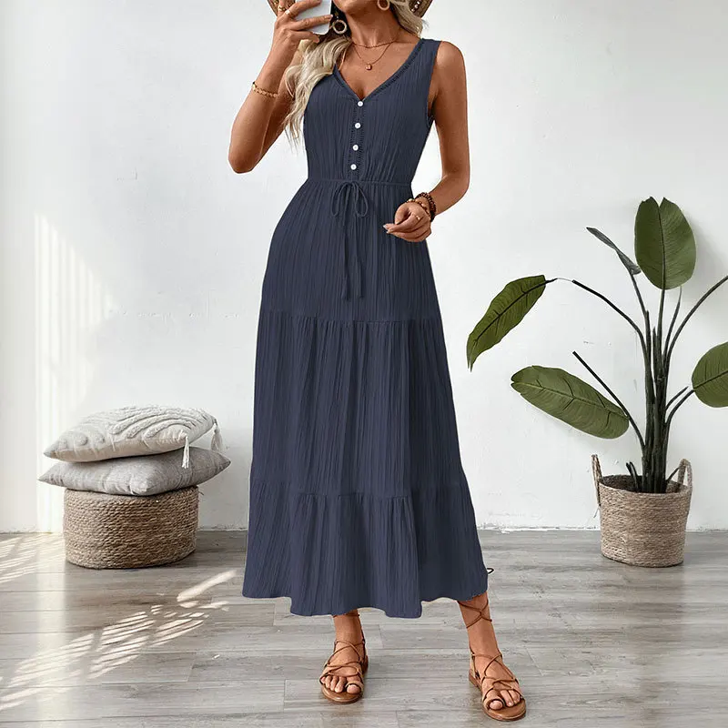 Casual Loose Women's Long Dress Sleeveless Summer A-Line Elegant Vintage Female Midi Dresses Beach Soild Sundress Vestidos
