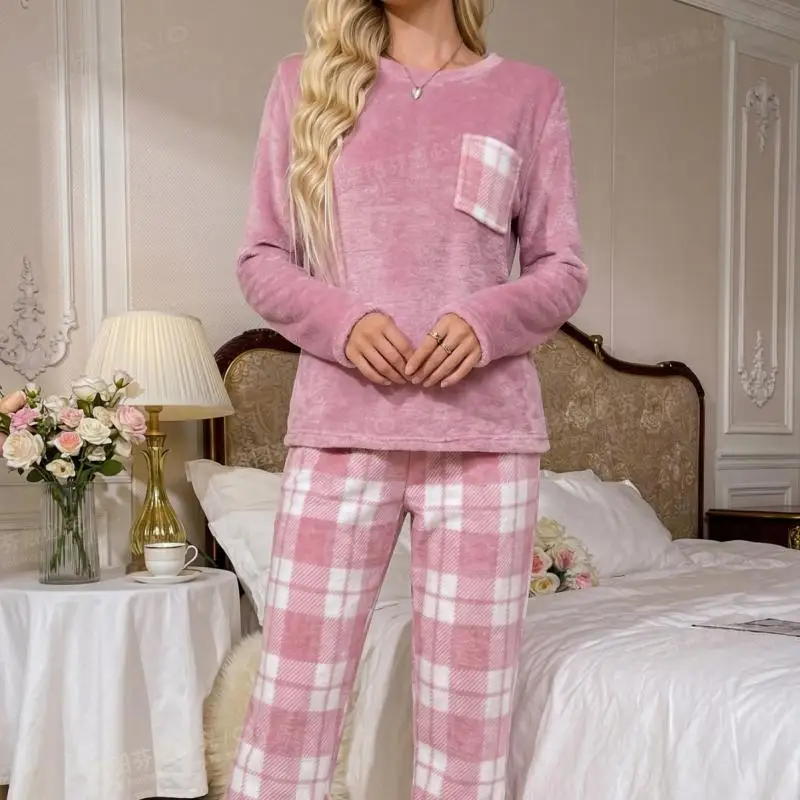 Women Fleece Pajama Set Round Neck Long Sleeve Solid Top Plaid Pants 2Pcs Soft Warm Coral Velvet Sleepwear Winter Homewear 3