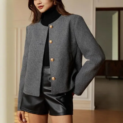 French Short Blazer Women's Button Single-Breasted Design Grey Office Tailored Jacket Luxury Elegant Spring/Autumn Coat