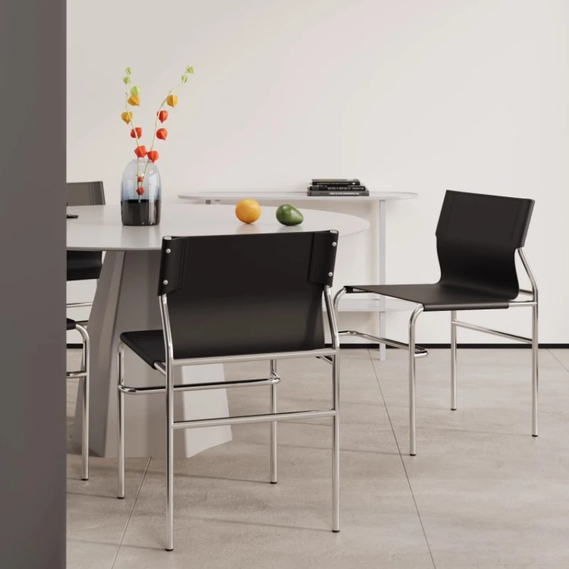 Minimalist Saddle Leather Dining Chair Mid-Century Modern Kitchen Furniture Stainless Steel Backrest Chair Home Living Room Seat view 3