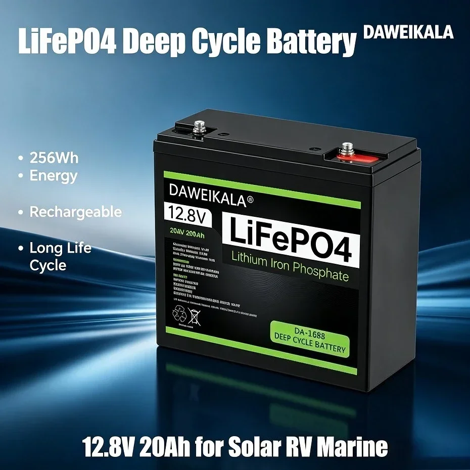 DAWEIKALA 12,8V 20Ah LiFePO4 Deep-Cycle-Batterie 256Wh Lithium-Eisenphosphat-Akku mit integriertem Schutz, seriell & parallel anschließbar, geeignet für Solarsysteme, Yachten, Camping und