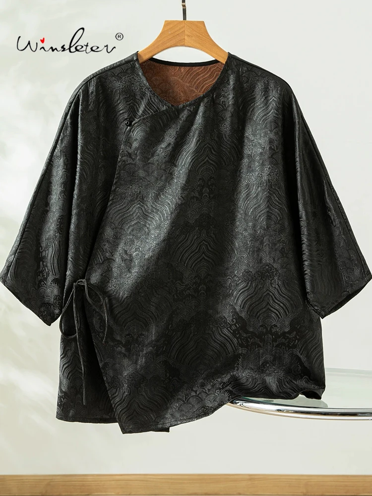

Winsleter-100%Real Silk Watered Gauze Elegant Shirt, O Neck Jacquard, Women Retro Commute Loose Blouse, 2026 Summer New T65305CC