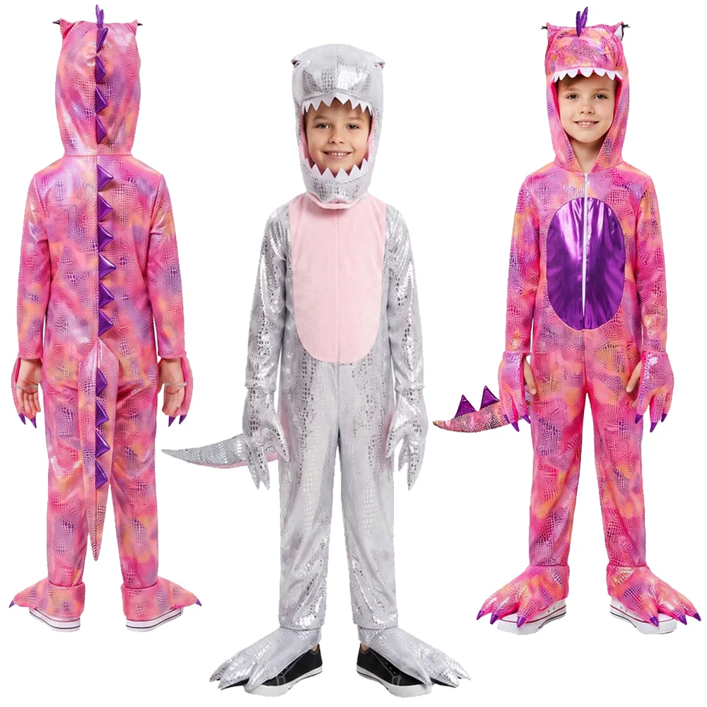 Shiny Scale Dinosaur Cosplay Costume 100-150cm Onesie Jumpsuit Head Cover Tail Claw Gloves Animal Fancy Dress Halloween Carnival