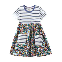 Jumping Meters 2-7T Summer Children Girls Dresses  Floral Stripe Princess Tunic Fashion Design Cotton Party Dresses