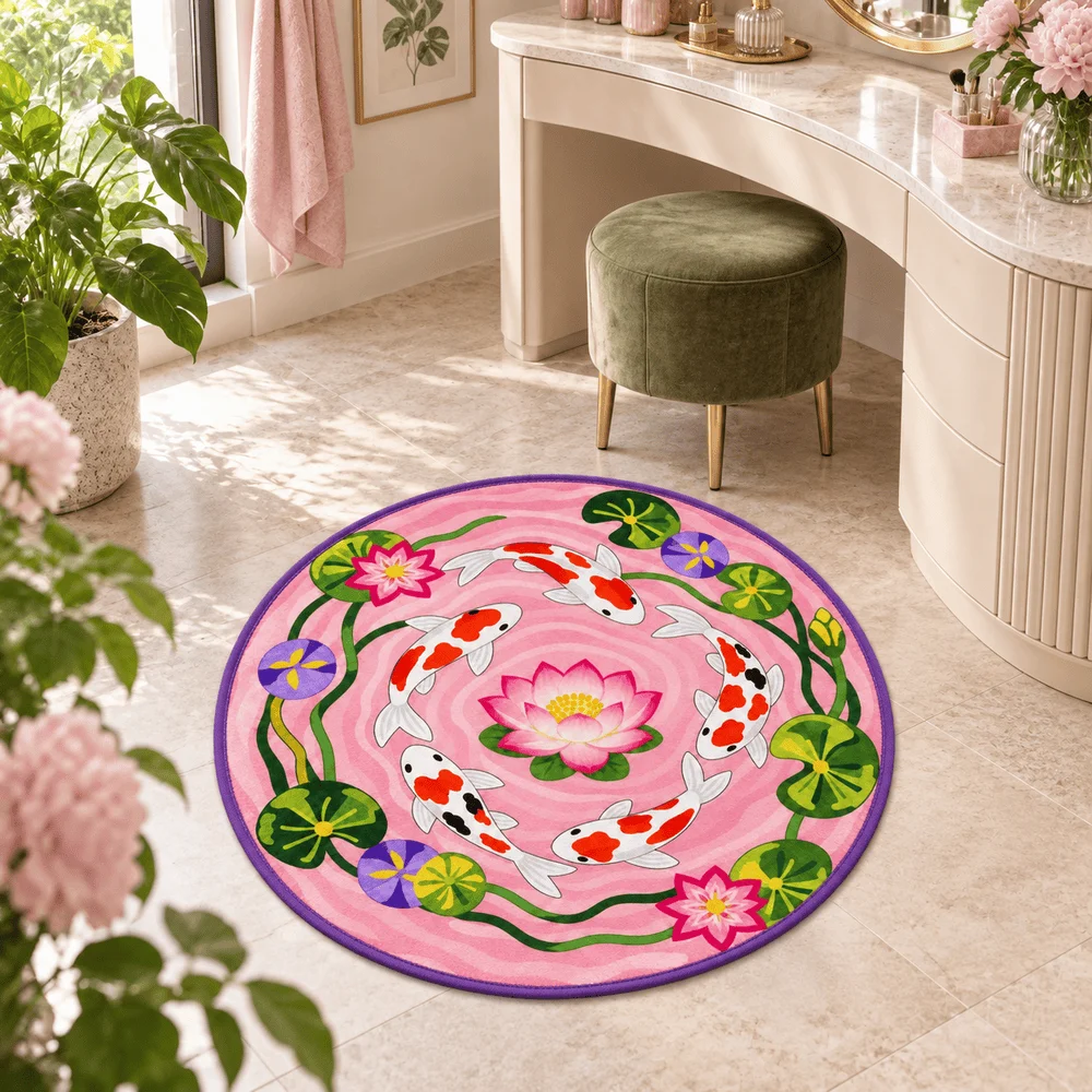 Pink Koi Fish Lotus Round Area Rug Soft Flannel Non Slip Floor Mat For Bedroom Living Room Meditation Room Home Decor Gift