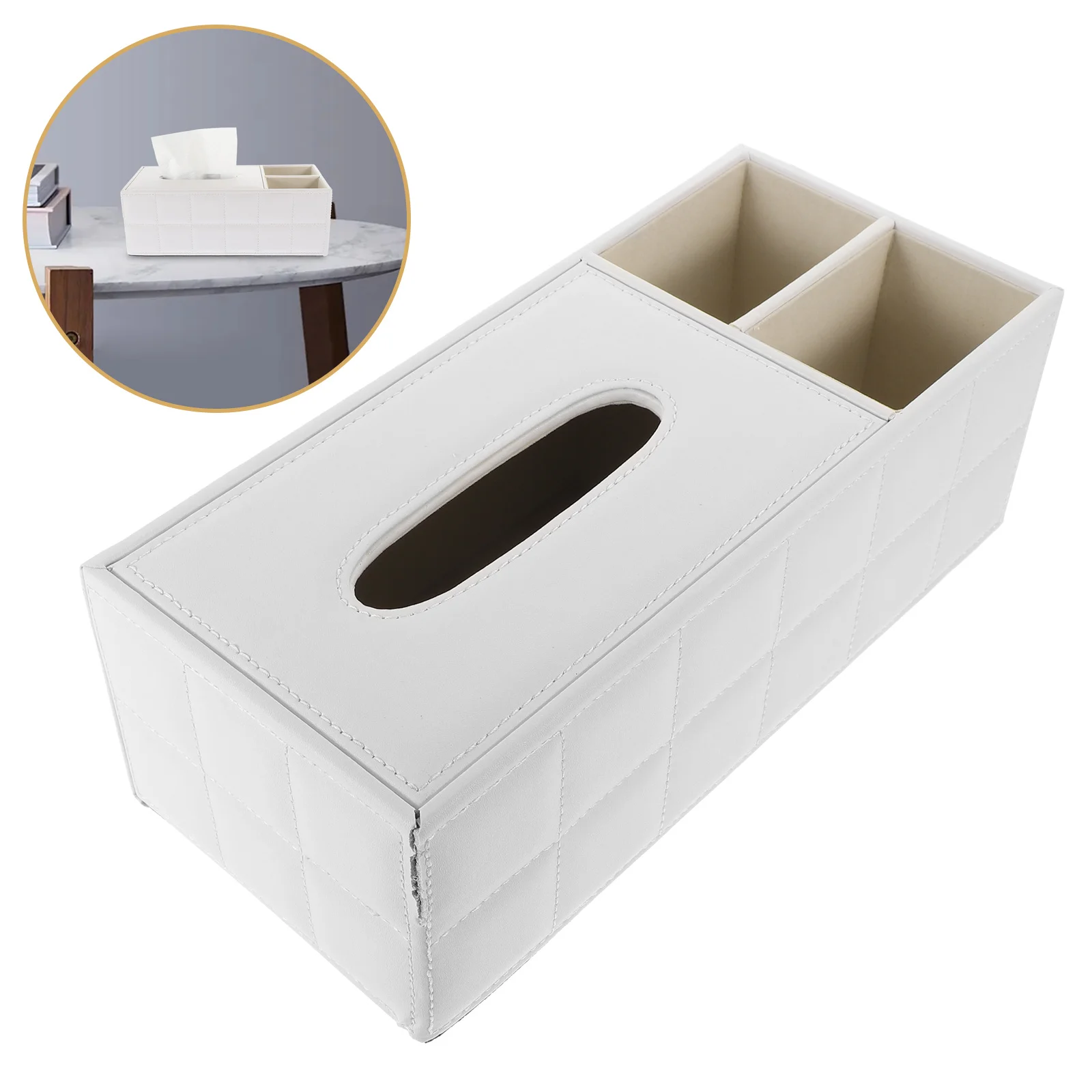 Multifunctional PU Desktop Organizer Quilted Design Tissue Box Pencil Scissor Holder Suitable for Home Office Car Remote
