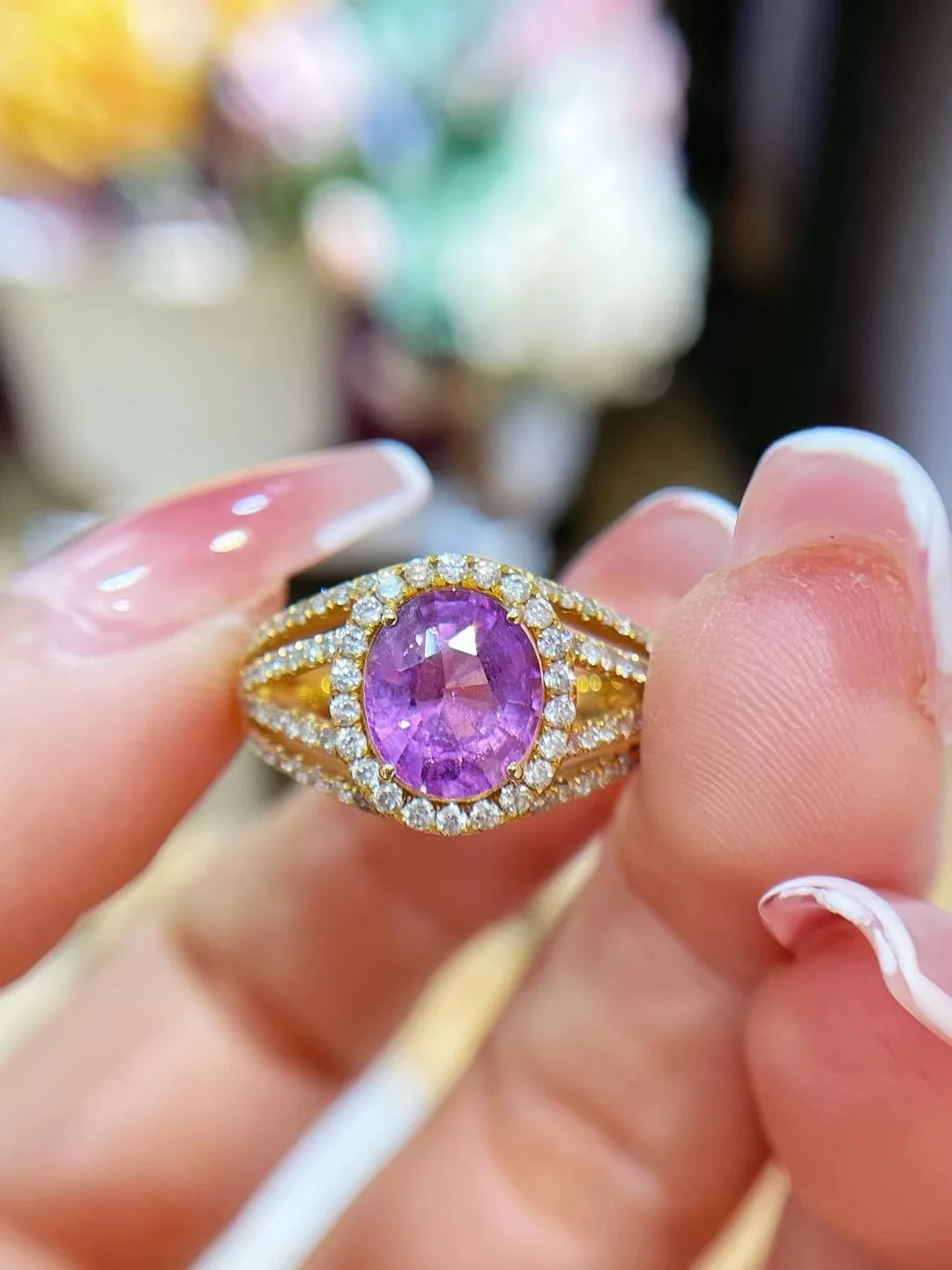 purple color fancy sapphire ring 18K yellow gold with diamond genuine gemstone jewelry luxury fine women jewelry DGL certificate