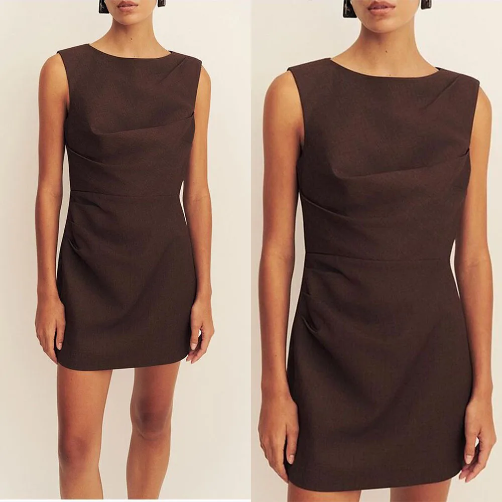 High Quality Customized O-neck Above Knee Brown Sleeveless Kate Middleton Dress Платье Корейский Стиль Ballkleider فساتين سهره