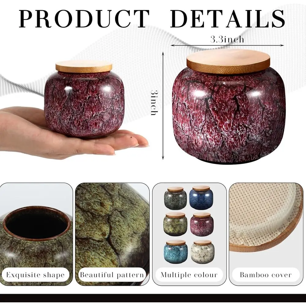 مجموعة من 6 جرار مصغرة مع أغطية للرماد، برطمانات تذكار من السيراميك على الطراز العتيق للتخزين التذكاري وشرف الأحب