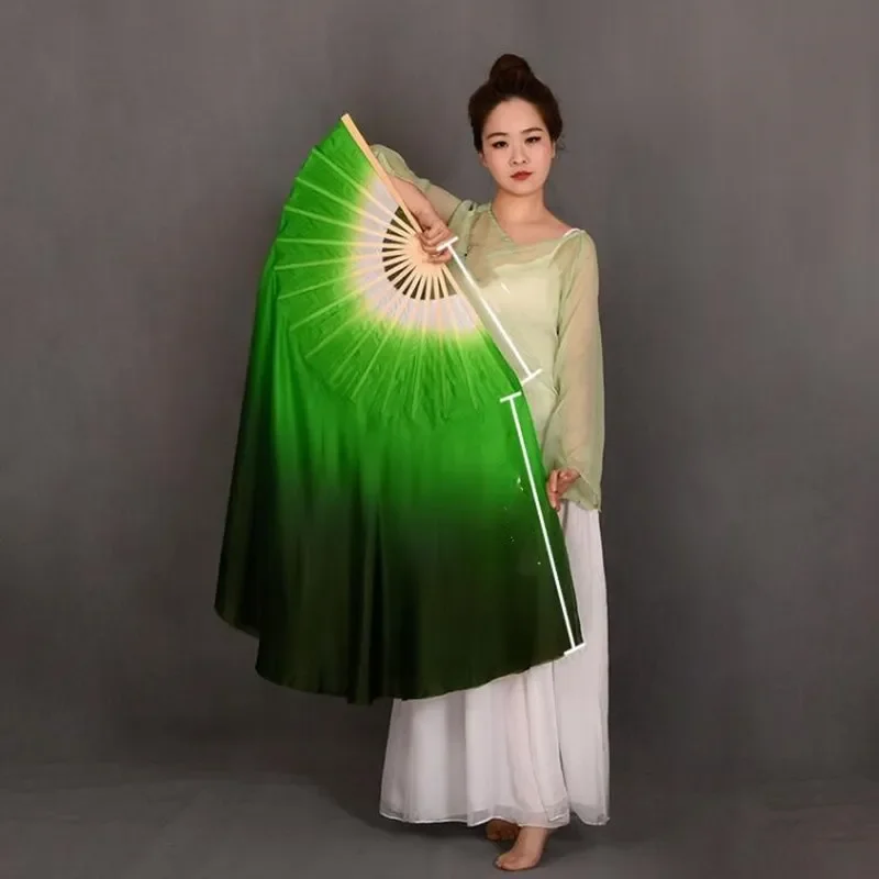 1 Pair Two Layers Double Veil 100% Real Silk Bamboo Folding Fan Bellydance Performance Show Props Half Circle Silk Veils Green