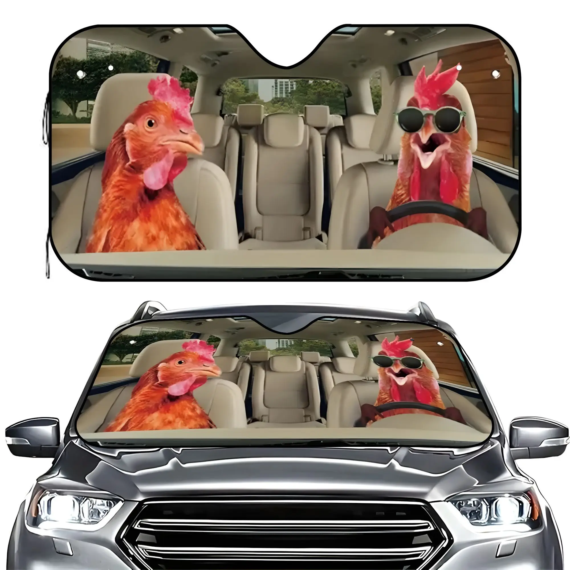 1pc Funny Chicken Pattern Premium Car Sunshade UV Protection Scratch Resistant Universal Windshield Protector With Cooling Effec