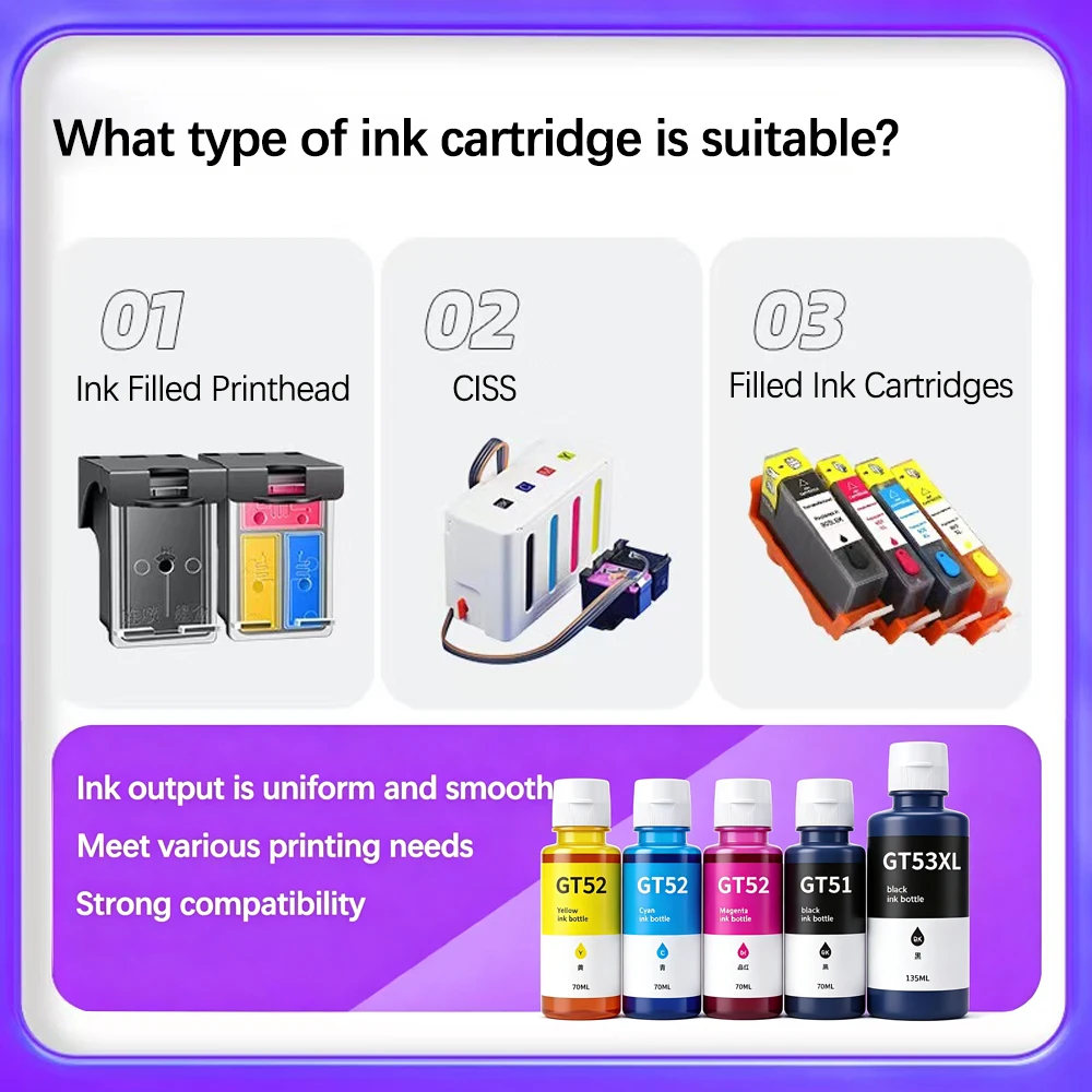GT52 GT53 Refill Ink For HP GT51 GT52 GT53XL Ink For HP 115 118 310 410 415 500 515 518 530 750 790 GT5810 5820 5810 Printer Ink