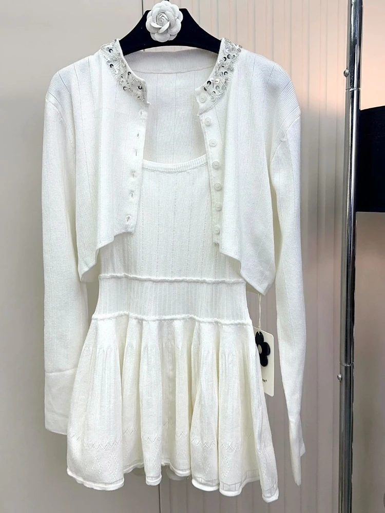 

Франция Повседневное бальное платье Костюм Женский вязаный кардиган с длинными рукавами + платье на бретелях Женский винтажный элегантный однотонный тонкий комплект из 2 предметов Новый