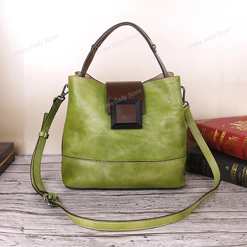 Retro Handmade First‑Layer Cowhide Bucket Purse, Genuine‑Leather Women’s Shoulder & Top‑Handle Daily Carry