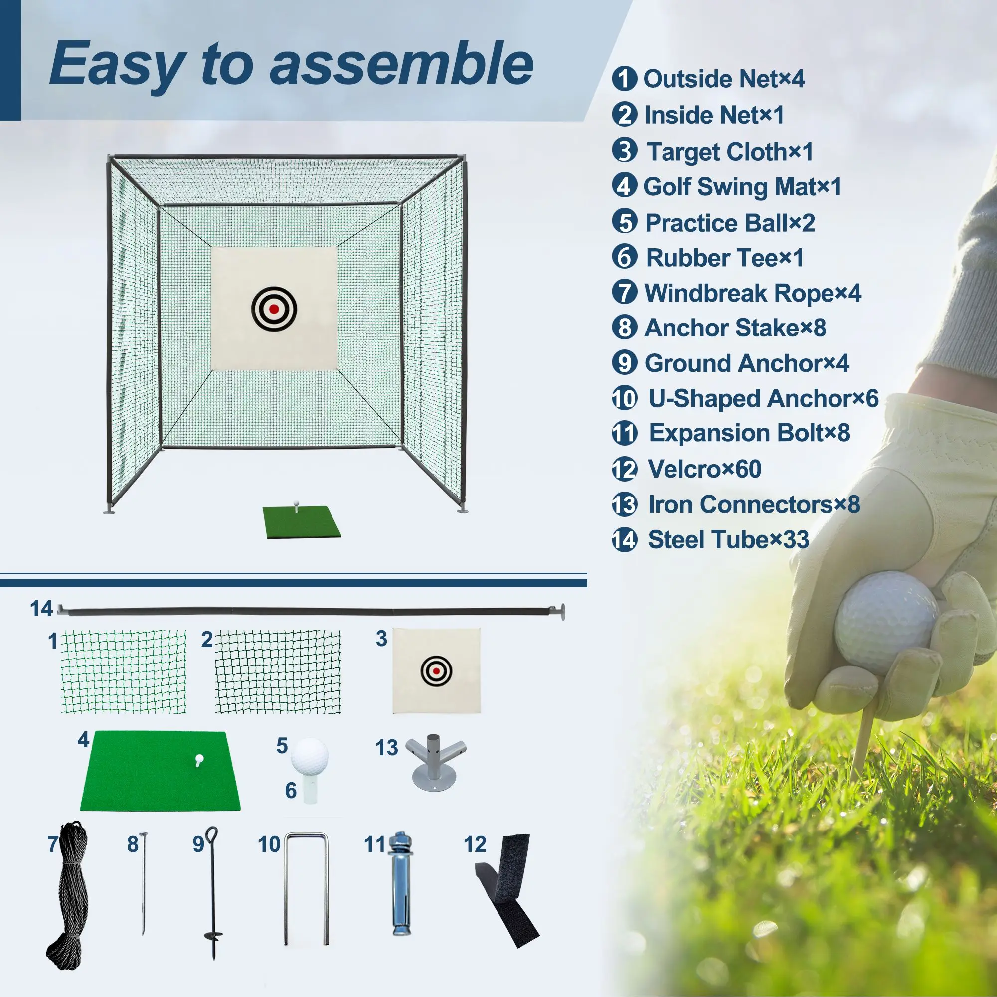 Gabbia per rete pratica golf 10X10X10FT con telaio in metallo Kit rete per colpire interni ed esterni