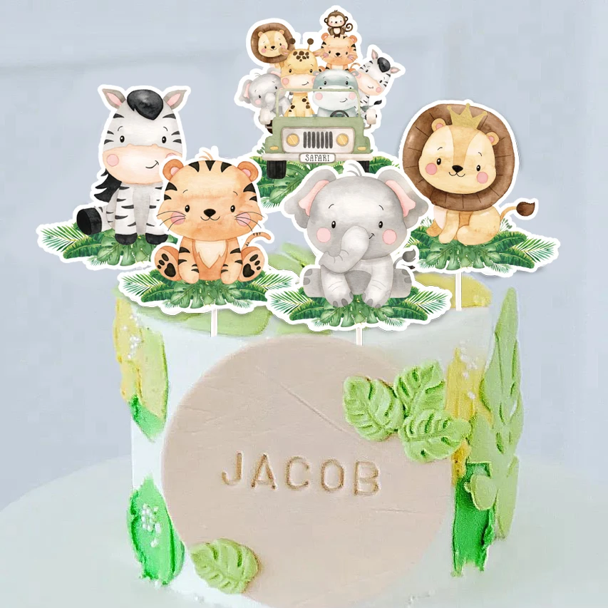 18pcs Carton Animal Cake Topper Paper Cupcake Toppers for Jungle Safari Forest Happy Birthday Party Decoration DIY Cake Supplies