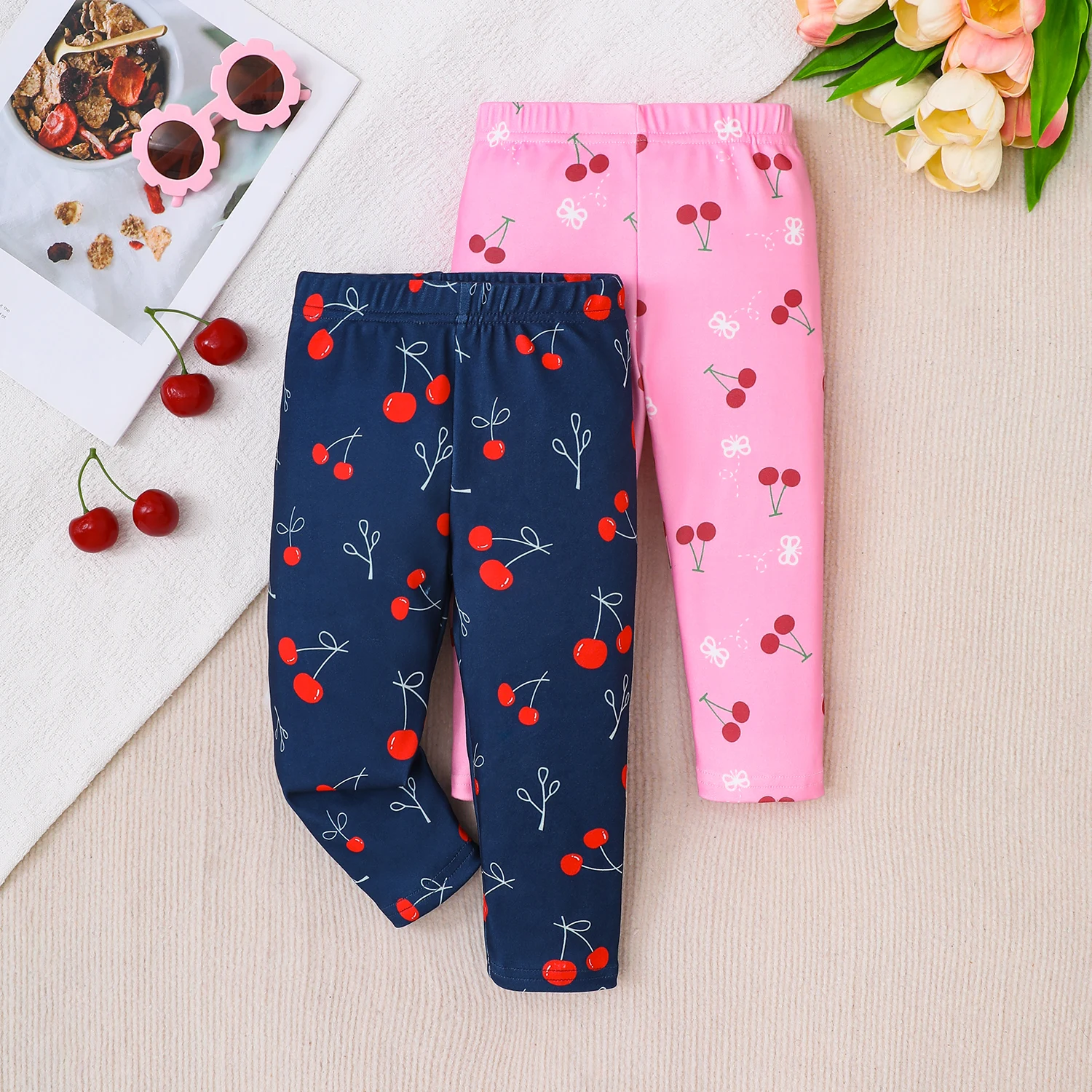 Infant Baby Girls Cherry Print Leggings Soft Cotton Elastic Waist Stretch Casual Pants 2Pcs All Seasons
