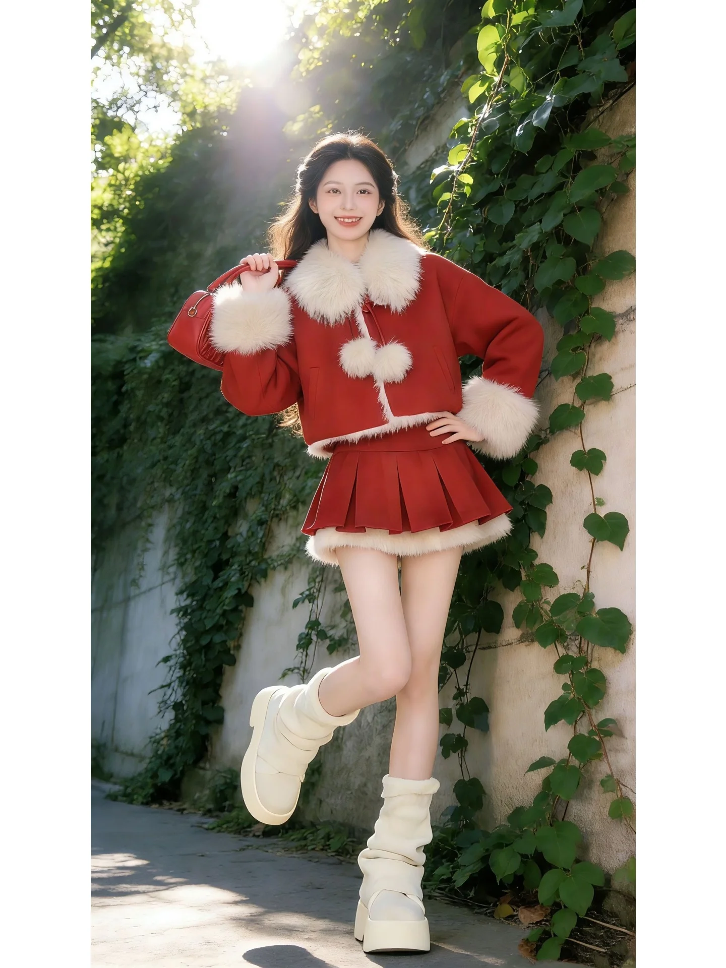 

New Year Red Ele Lady Sle Rich Girl ort Skirt Set with Fur Collar Coat High Waist ort Skirt Faionable Women's Ens...
