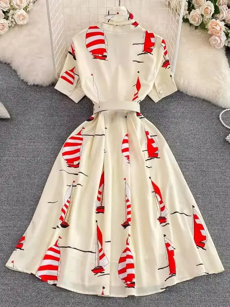 Runway Elegant Sailboats Print Midi Party Dresses Women Bow Collar Short Sleeve Summer Chic French Princess Belt Beige Vestidos