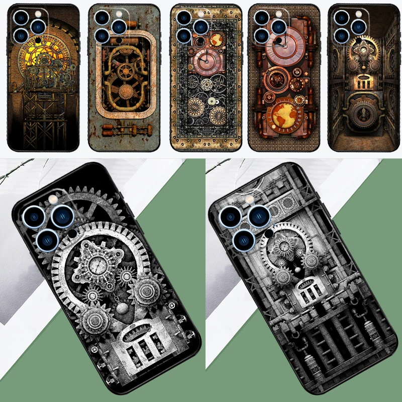 Steampunk Gears Vintage Time Machine Phone Case For iPhone 16 15 11 12 13 14 Pro Max Mini X XR XS Max Plus Cover Shell