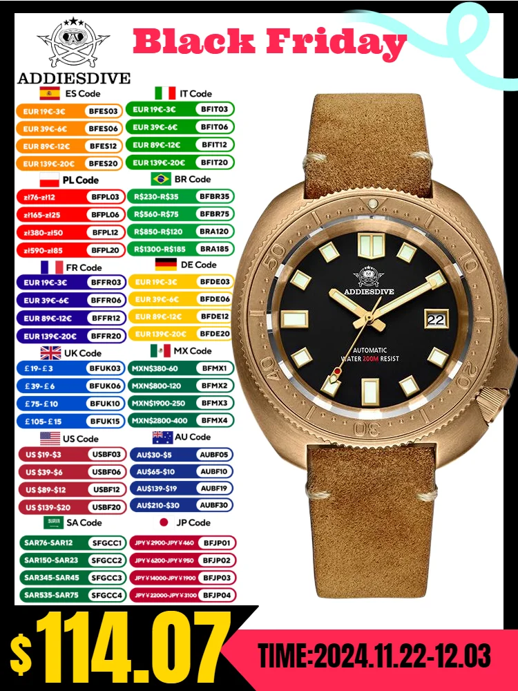 

ADDIESDIVE Men‘s Watch Sapphire Glass CUSN8 Solid Bronze AD2104 20Bar Waterproof C3 Super Luminous Automatic Mechanical Watches