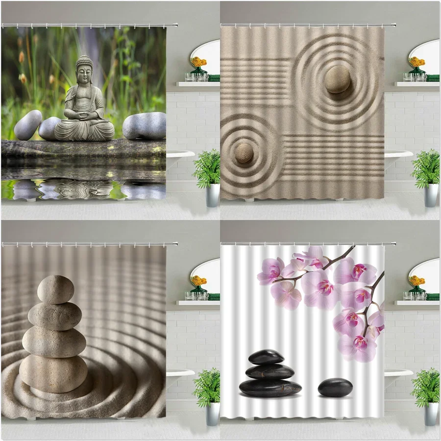 Zen Spa Buddha Stacked Stone Sand Ripple Orchid Shower Curtain Meditation Relax Natural Scenery Print Waterproof Fabric Bathroom