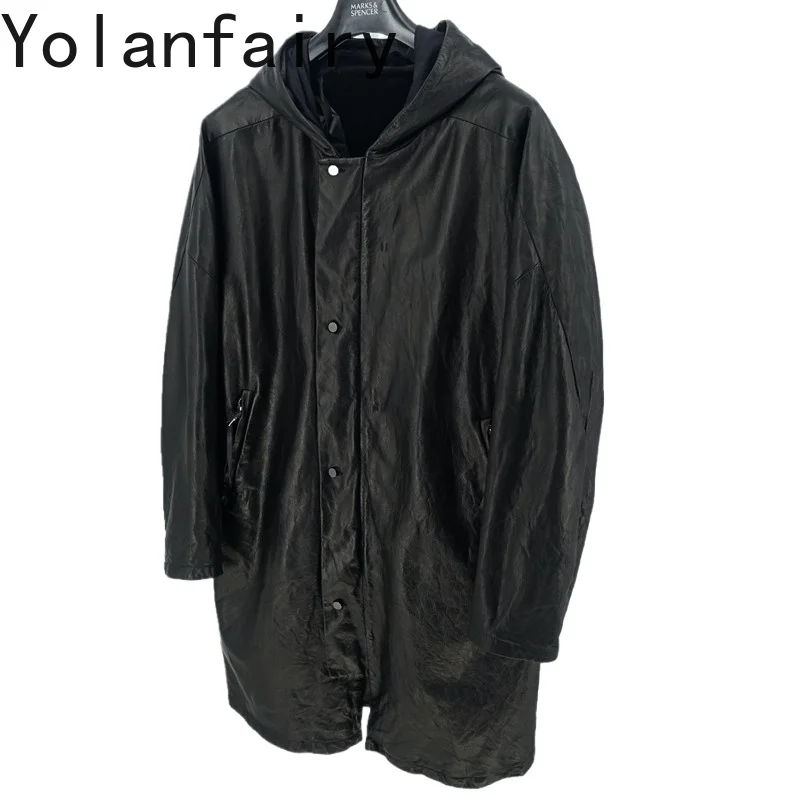 YOLANFAIRY Top Layer Cowhide Genuine Leather Jacket Men 2026 Autumn 100% Real Leather Mid-length Hooded Coat Man 2026 Unisex