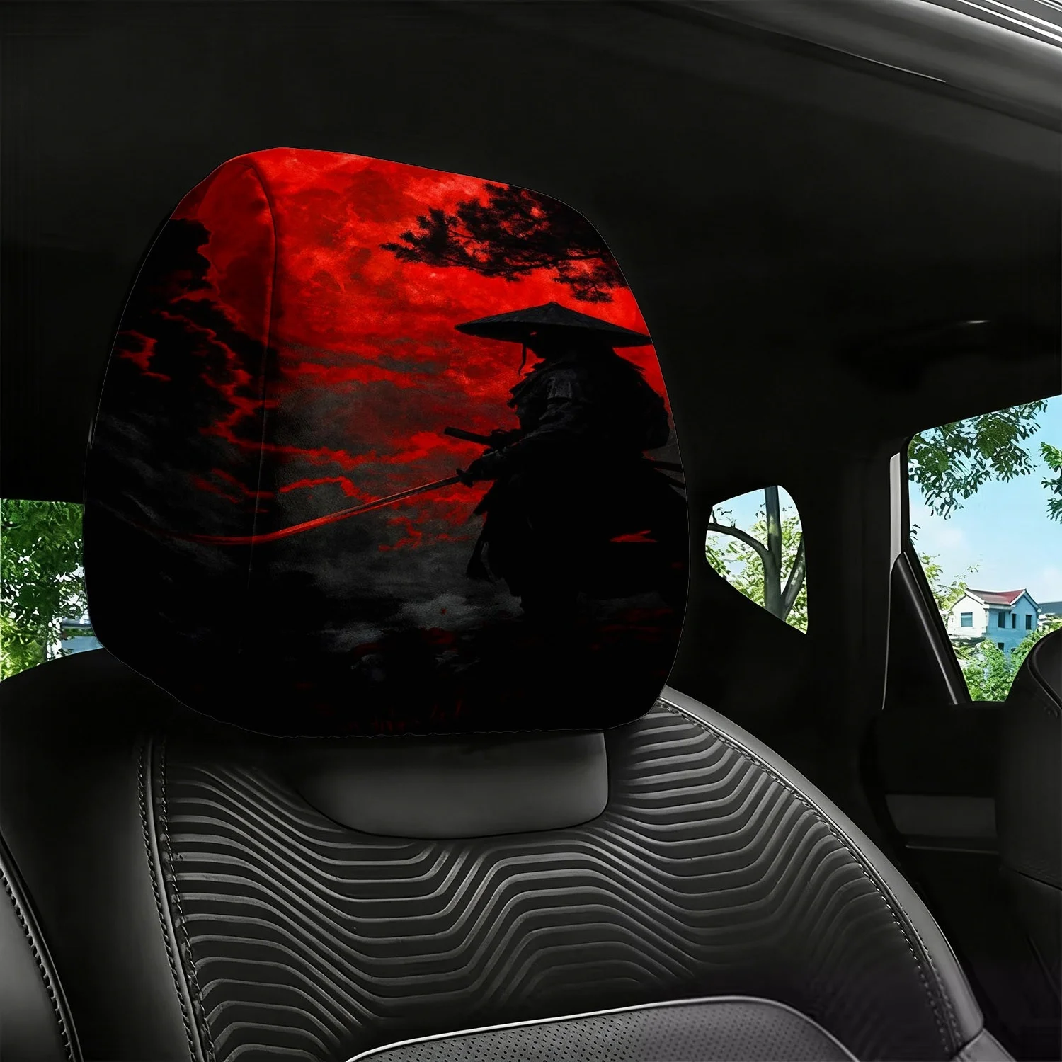 Samurai Silhouette Print Car Headrest Cover, Universal Fit, Seat Protector Cover