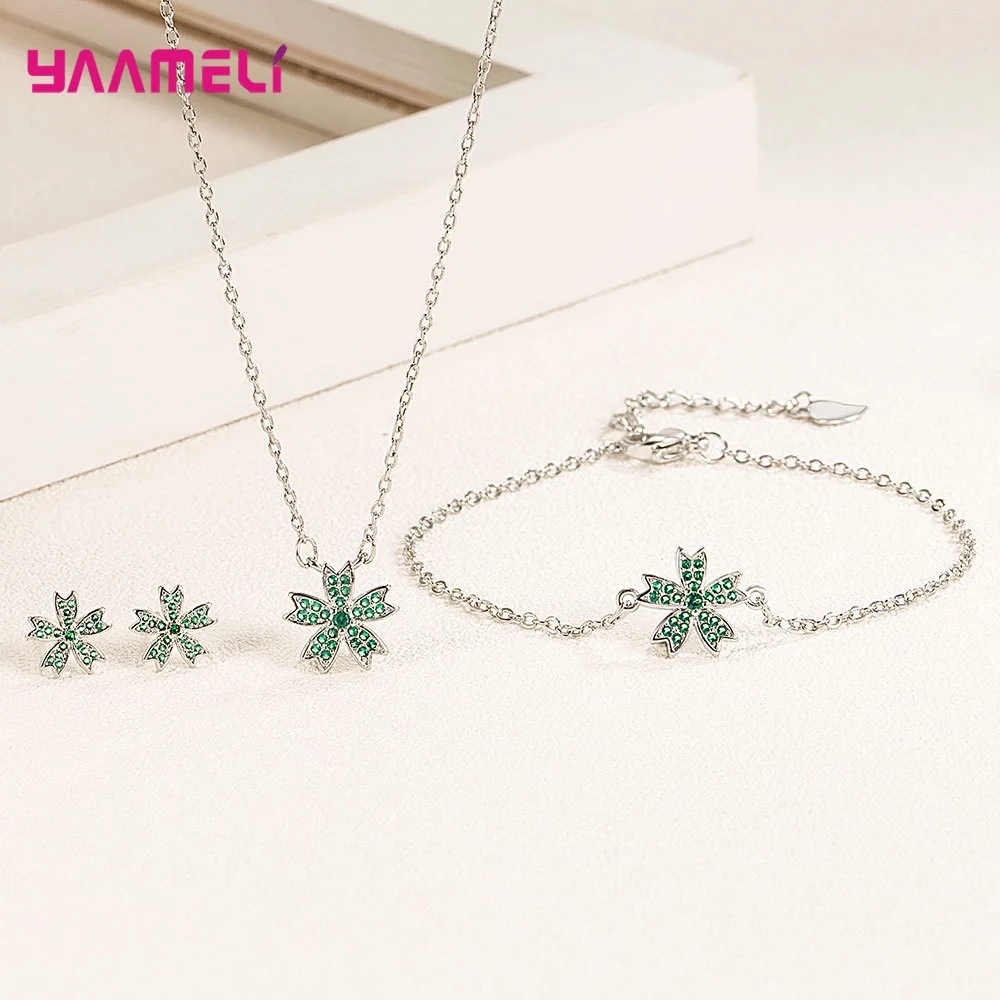 

Trendy 925 Sterling Silver Jewelry Sets for Woman Girls Party Gift Romantic Sakura Zircon Pendant Necklace Earrings Bracelet Set