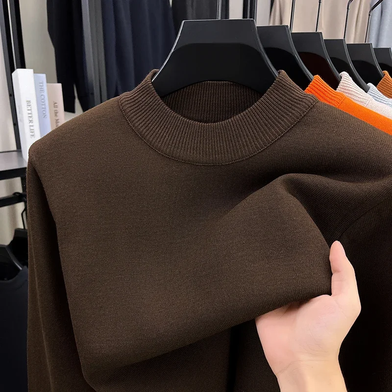 Men Long Sleeve Half Neck Sweater Fleece Lined Thermal Knit Pullover Loose Silhouette Versatile Daily And Weekend Clothing