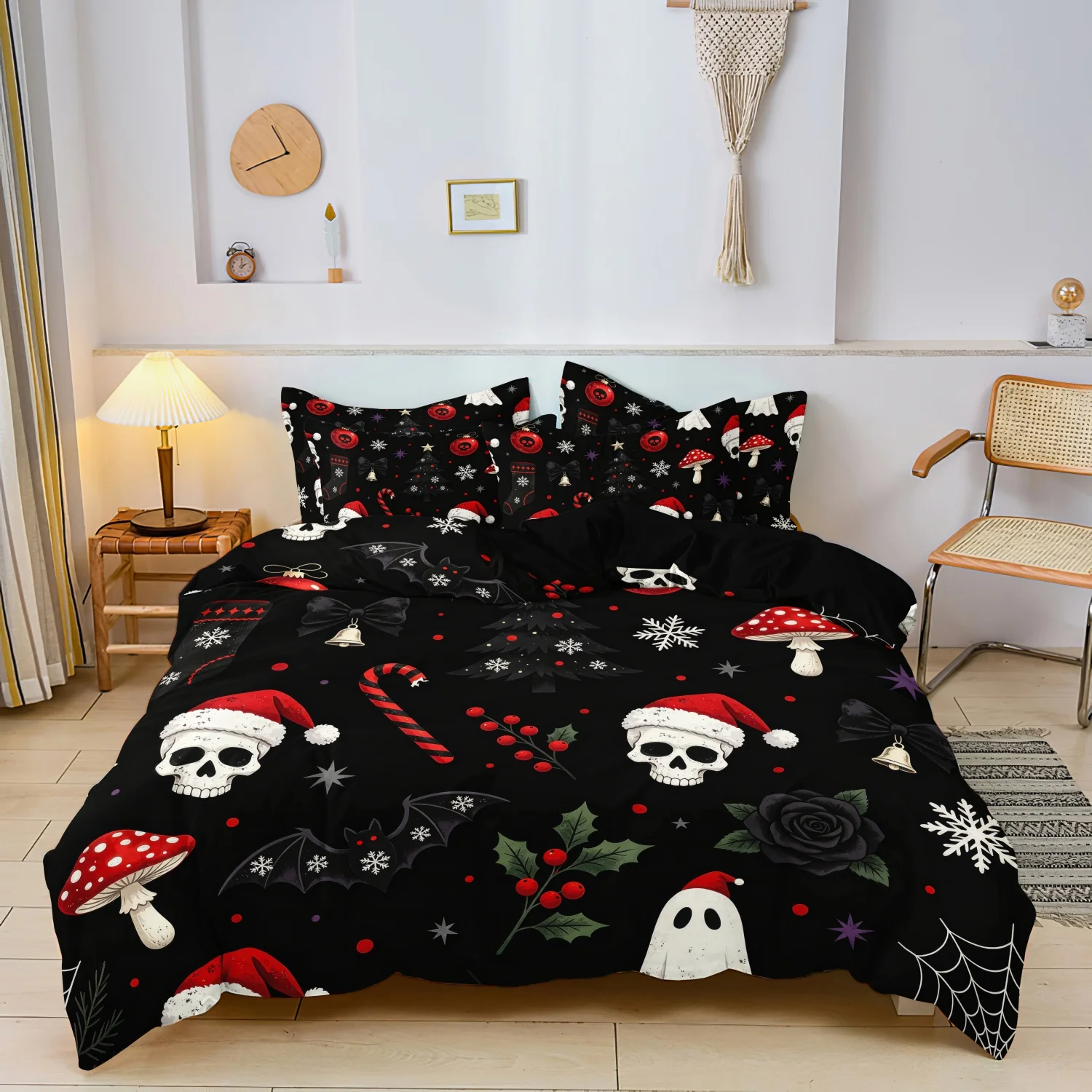  3Pcs Dark Xmas Bedding Set, Gothic Skull Snowflake Spider Web Pattern  Duvet Cover, For Family Bedrooms Dormitories Hotels