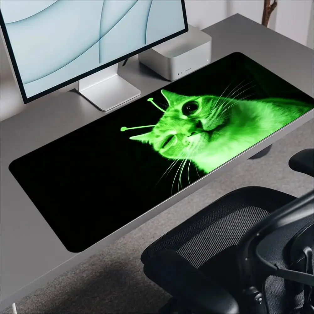 Extended Gaming Mouse Pad Alien Green Cat Pattern Stitched Edge Non Slip Rubber Desk Mat Smooth Surface For Gamers Office
