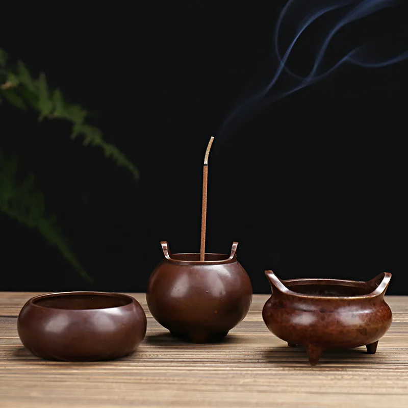 Antique Pure Copper Double Ear Censer Three Legged Mini Agarwood Incense Burner Household Indoor Desktop Decor