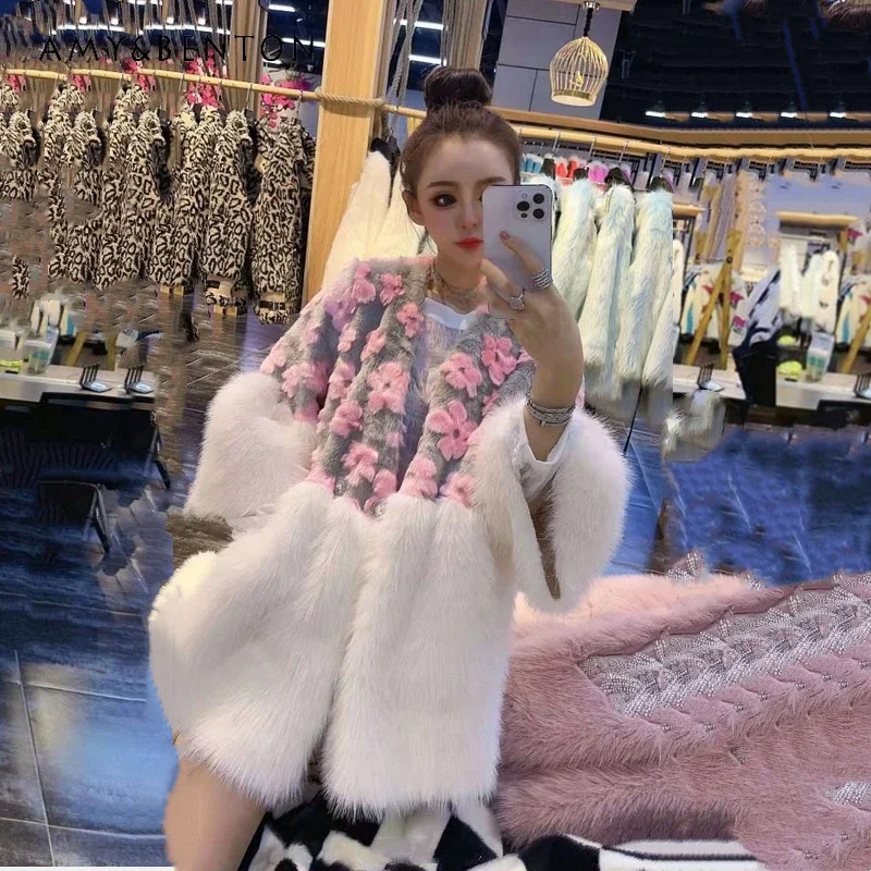 

Winter 2024 New Imitation Fox Fur Coat Women's Medium And Long Fashion Splicing Plush Jacket Long-Sleeves Sweet Faux Overcoat