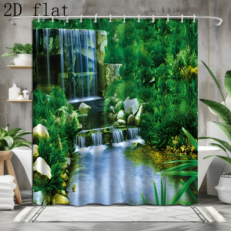 1pc with a Hook, 2D Flat Printed Shower Curtain Featuring a Forest Waterfall Design, Suitable for Bathroom Partitions, Window Cu
