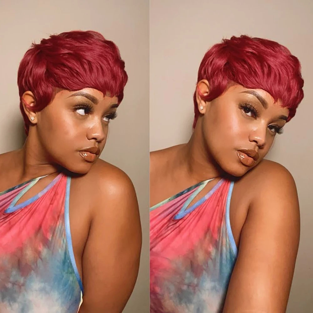 

Бордовые короткие прямые парики из натуральных волос, парик с стрижкой пикси, волосы Bazilian Remy с предварительно выщипанной челкой для женщин, полностью машинная кепка