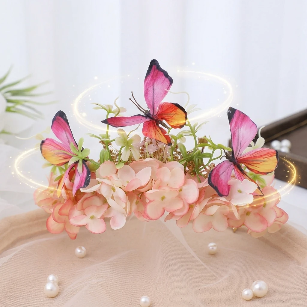 Elegant Flower Crown Butterfly Hairpiece for Hanfu Photoshoot Traditional Chinese Headwear Silk Floral Wedding Accessory