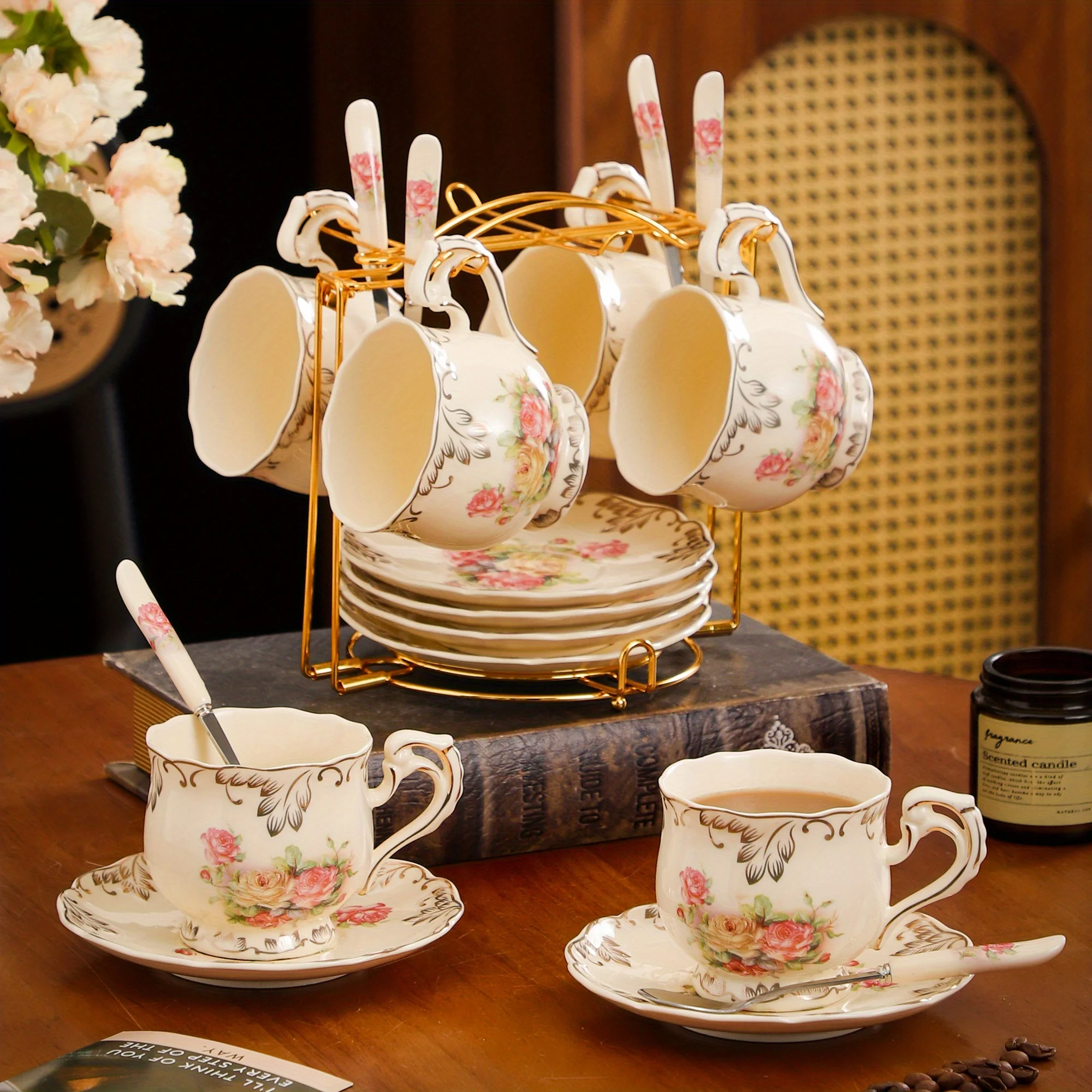 

19pcs European Style Tea Set, 6pcs Teacups, 6pcs Saucers, 6pcs Spoons And 1 Rack, Vintage Drinking Cups for Breakfast, Tea Party