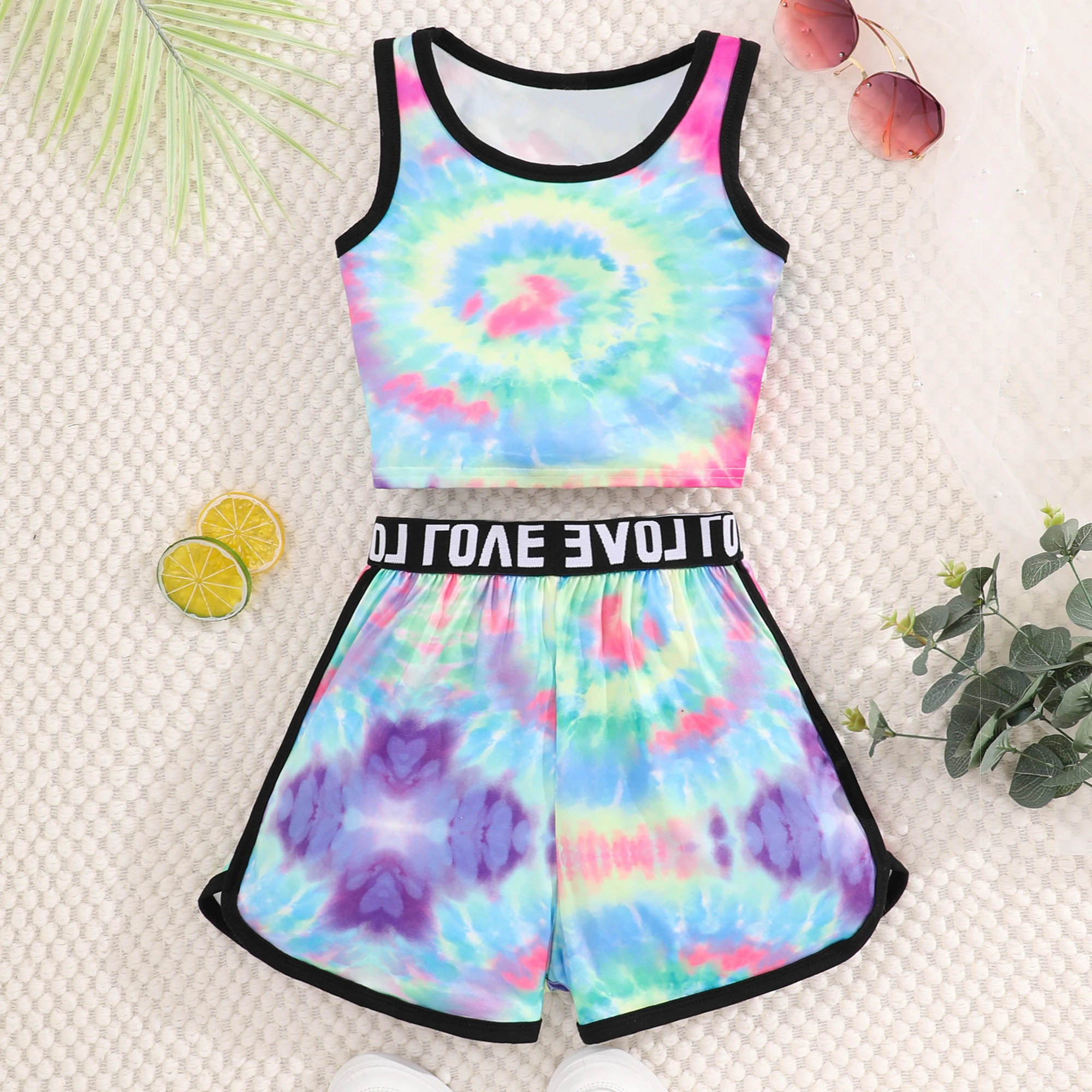 Girls Clothes Summer New Children Set Sleeveless Round Neck Tank Top Shorts Halo Dyed Casual Comfort Girls Outfits 8-12 Years