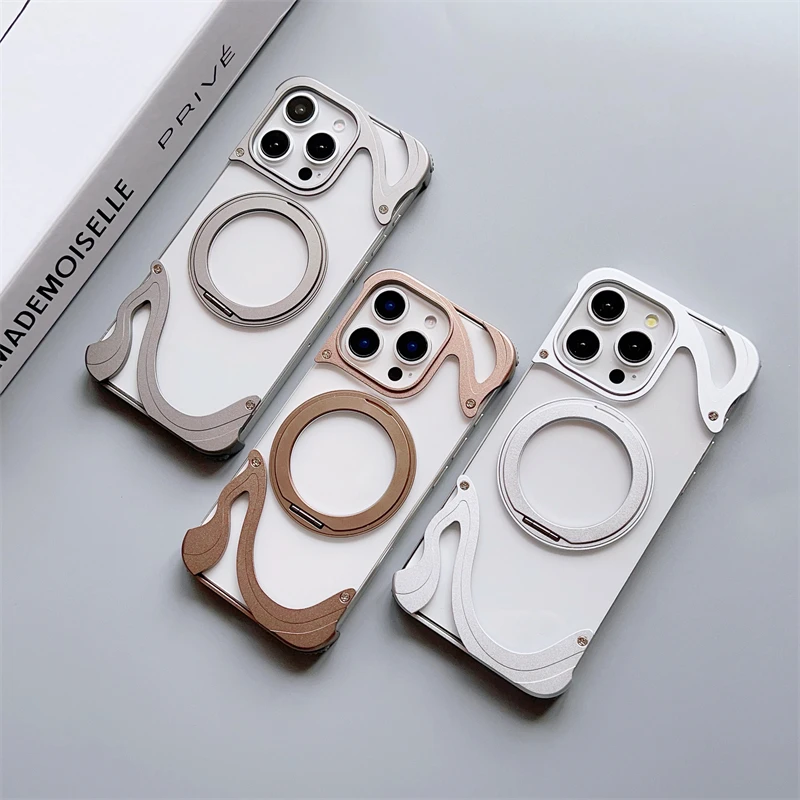 

Aviation Aluminum Alloy Frame Magsafe Phone Case For iPhone 16 15 Pro Max 360°Magnetic Holder Transparent PC Shockproof Cover