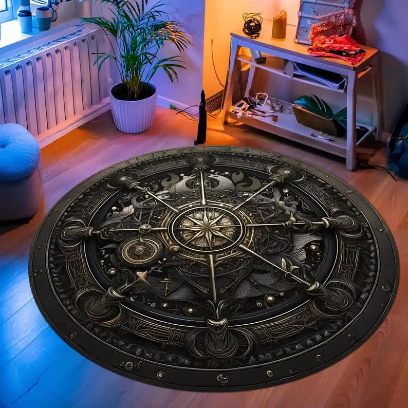 Round Rug with Norse Compass Design – Mystical Home Decor for Bedroom and Living Room