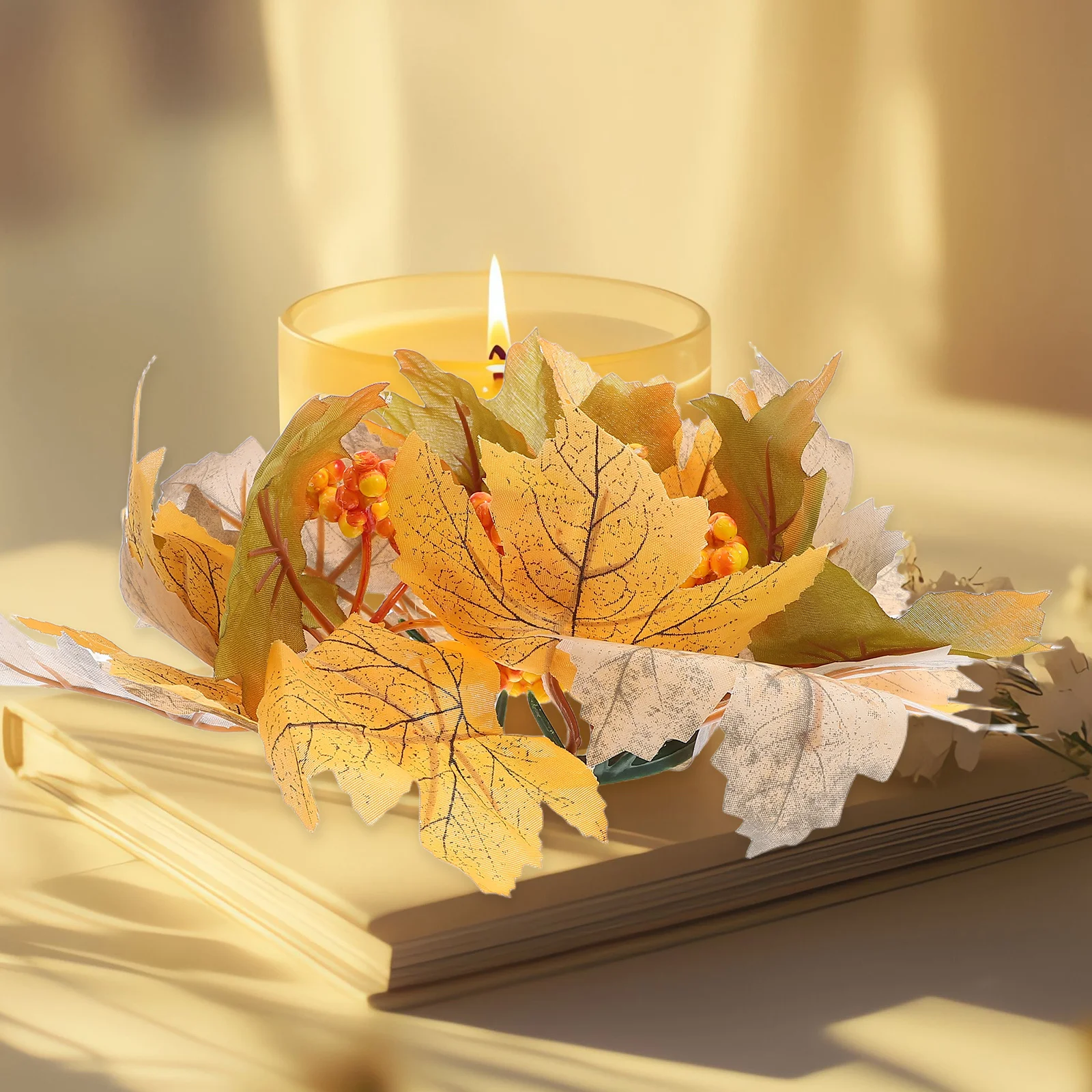 

4Pcs Artificial Maple Leaves Wreath Fall Ring Table Centerpiece Lightweight Portable Multiseasonal Use Ring