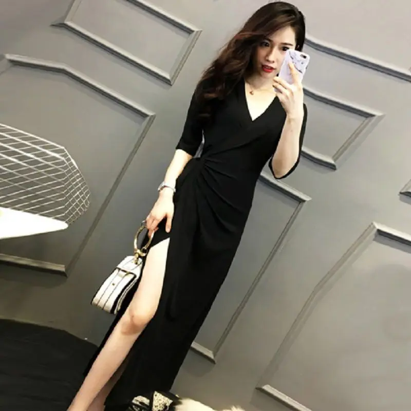 Exudes A Slimming Temperament Long Dress for Women, A V-neck, One-piece Sexy Long Dress, Slim Fit Robe, Long Sleeves, Summer