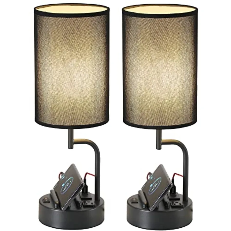 Table Lamp with 3 USB Charging Ports, Modern Desk Lamp with AC Outlet and Phone Stands, Perfect Bedside Lamp for Bedroom, Livin
