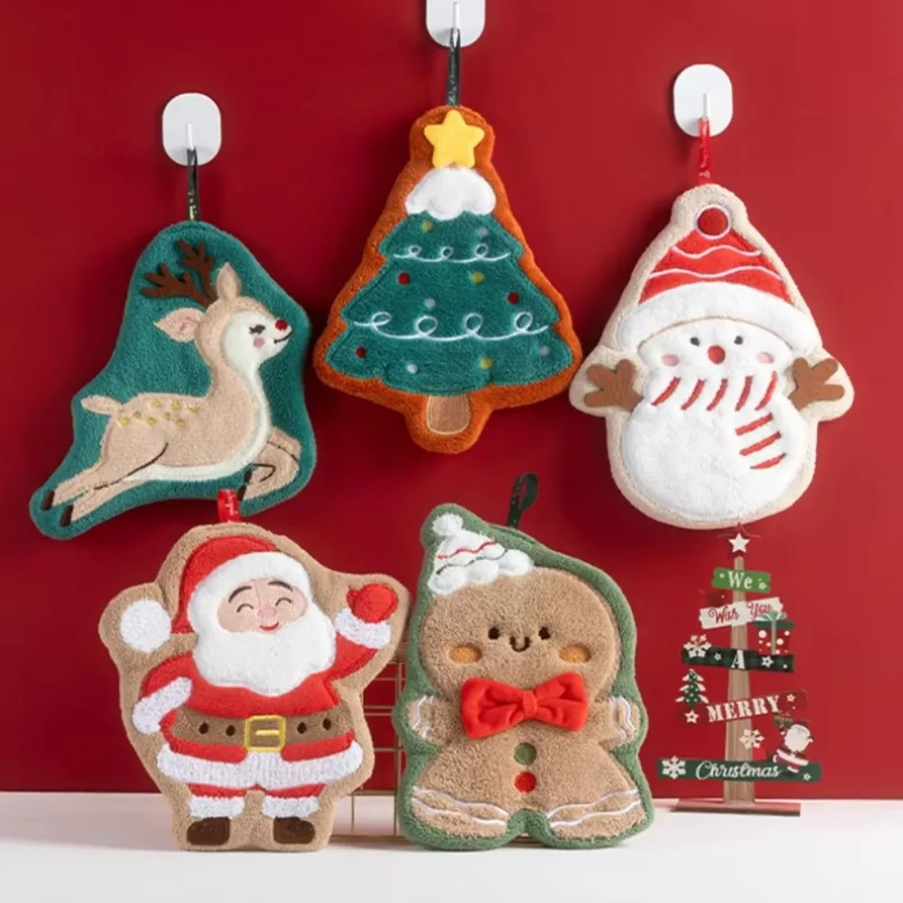 Christmas Hand Towel Hanging Household Hand Towel Kitchen and Bathroom Quick Drying Coral Fleece Christmas Hand Towel