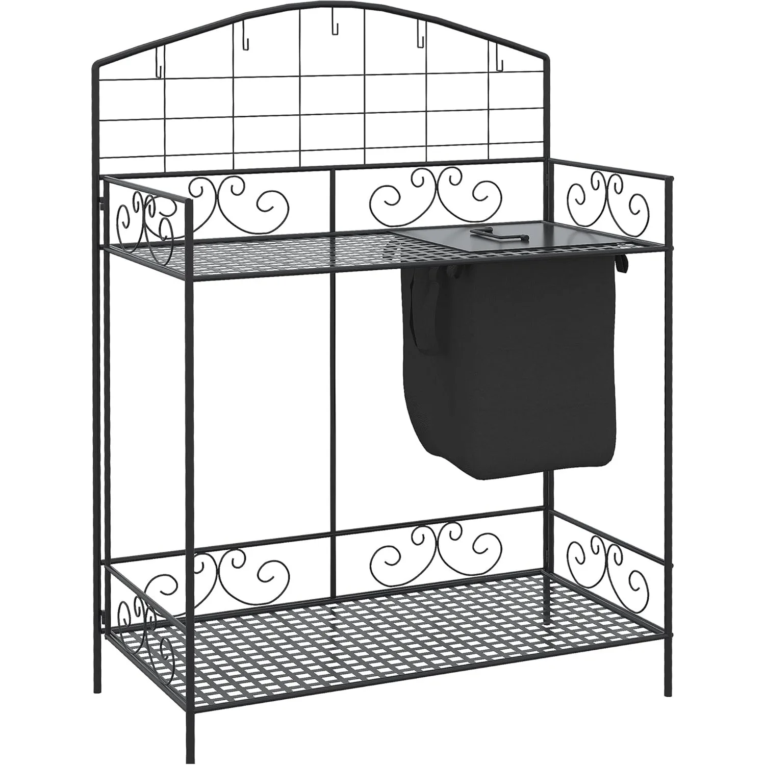 

Folding Potting Bench Table, Metal Garden Workstation, Work Bench with Large Build-in Bag with Cover, 5 Hanging Hooks