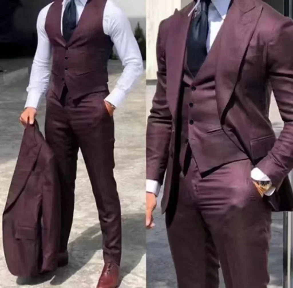 Men\'s Suits Slim Fit Wedding Peak Lapel Tuxedo Slim Fit 3-Pieces Blazer Pant Vest Suit High Quality Tuxedos for Wedding Business