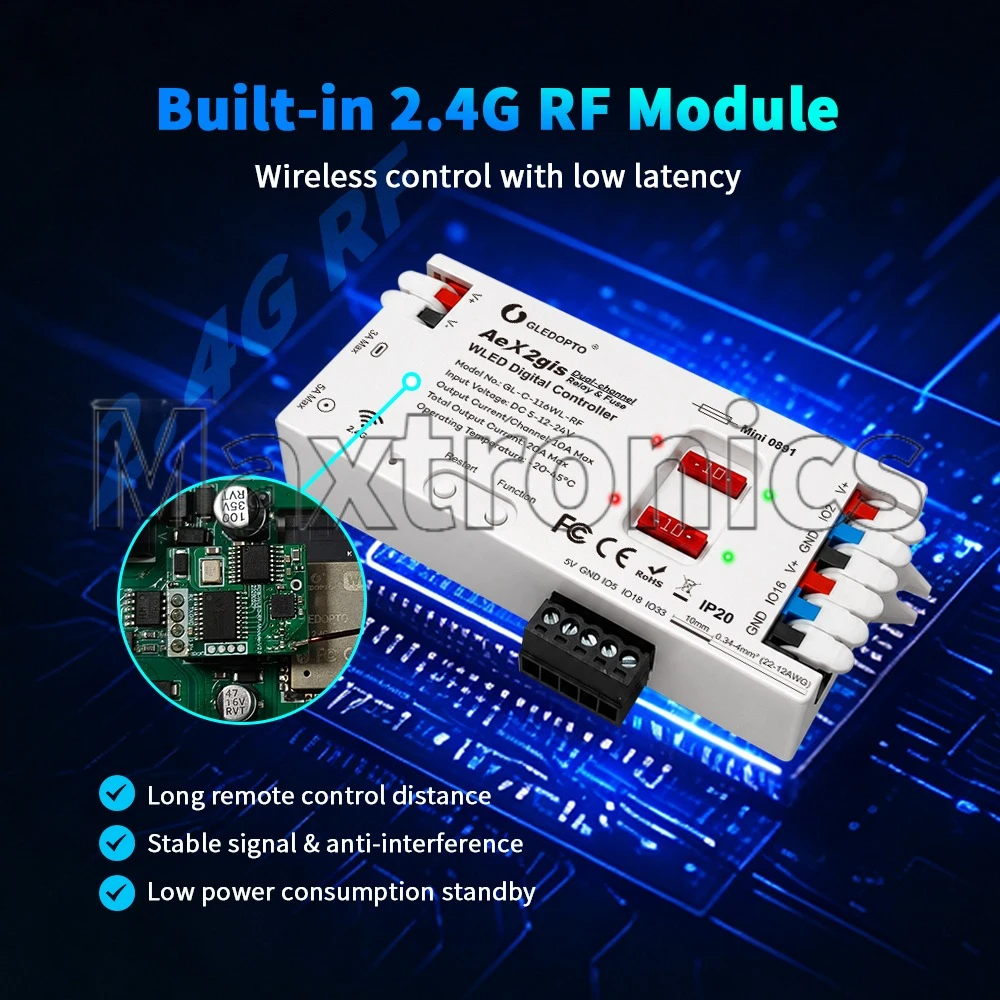 NEW GLEDOPTO AeX2gis Dual-Channel WLED Digital LED Controller WIFI&2.4G RF Remote Dual 10A Fuse & Relay Protection GL-C-116WL-RF