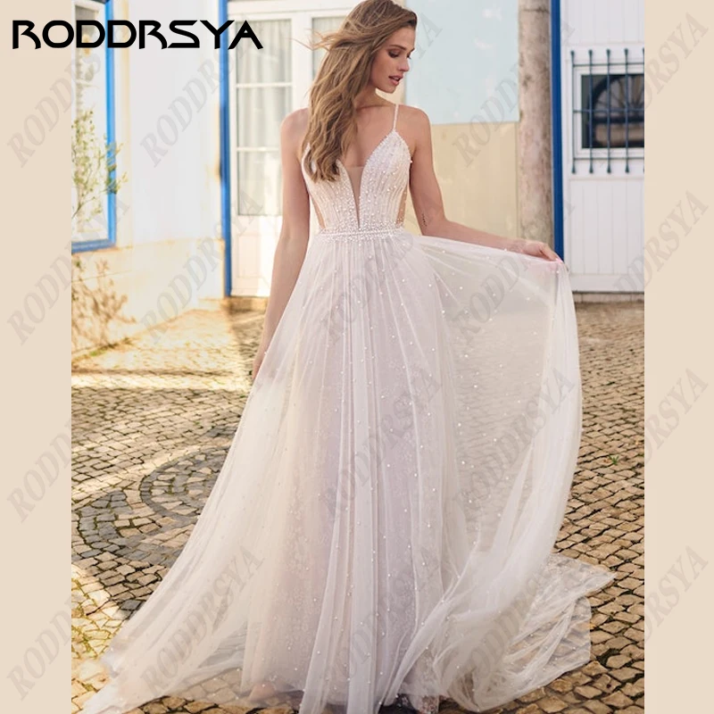 RODDRSYA-Robes de mariée en tulle romantique pour femmes, col en V, fibrobride sexy, fête A-ligne, bretelles spaghetti, patients de plage, quoi que ce soit Robes de mariée en tulle romantique pour femmes, col en V, fib