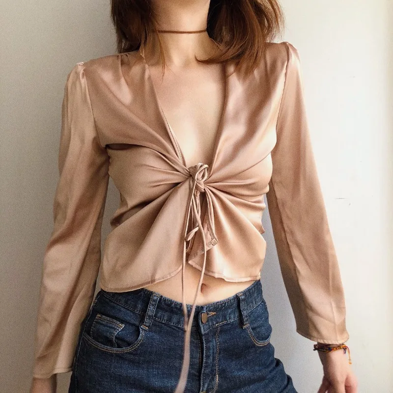 الرجعية بلون الساتان السلس الساتان قمصان موضة الخامس رابطة عنق على شكل حرف v عقدة طويلة الأكمام قصيرة الشمس Bloue مثير الملابس النسائية قميص #4